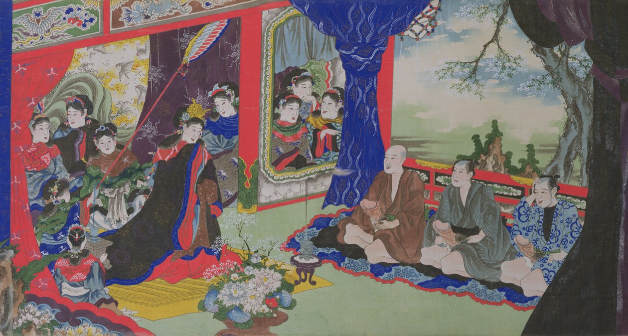 Fishermen Showing their Penises to the Empress and her Court, from an erotic story of fishermen shipwrecked on an island inhabited by women (hand-coloured engraving)   1438753   ja       japanese Successfully Translated  Original: Curates Bible, by Luigi C 作： 日本語学校