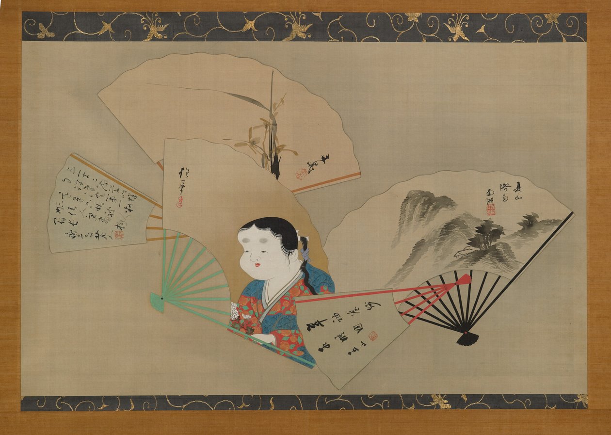 Five Fans, by Sakai Hoitsu (1761-1828), Tani Buncho (1763-1840), Haruki Nanko (1759-1839), Kameda Bosai (1752-1826) and Kikuchi Gozan (1772-1855), c.1820s (hanging scroll, ink, gofun & gold on silk) 作： 日本語学校