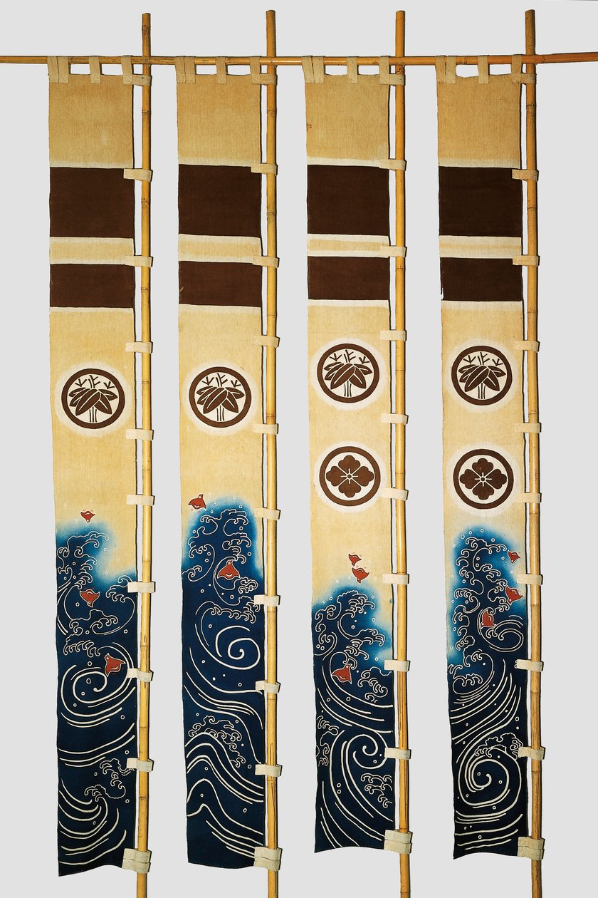 波千鳥、家紋、竹、丸に花、木綿、澱粉藍浸染、顔料墨彩、日本文明、明治大正期 作： 日本語学校