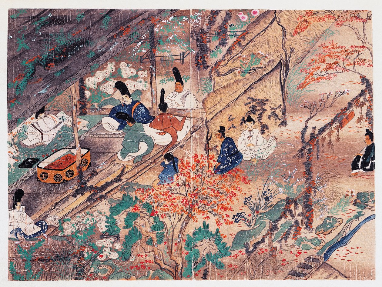 天神さんとして知られる平安の政治家で詩人の菅原道真 (845-903)、京都の北野天満宮に流刑中 時代（1185-1333）、日本 作： 日本語学校