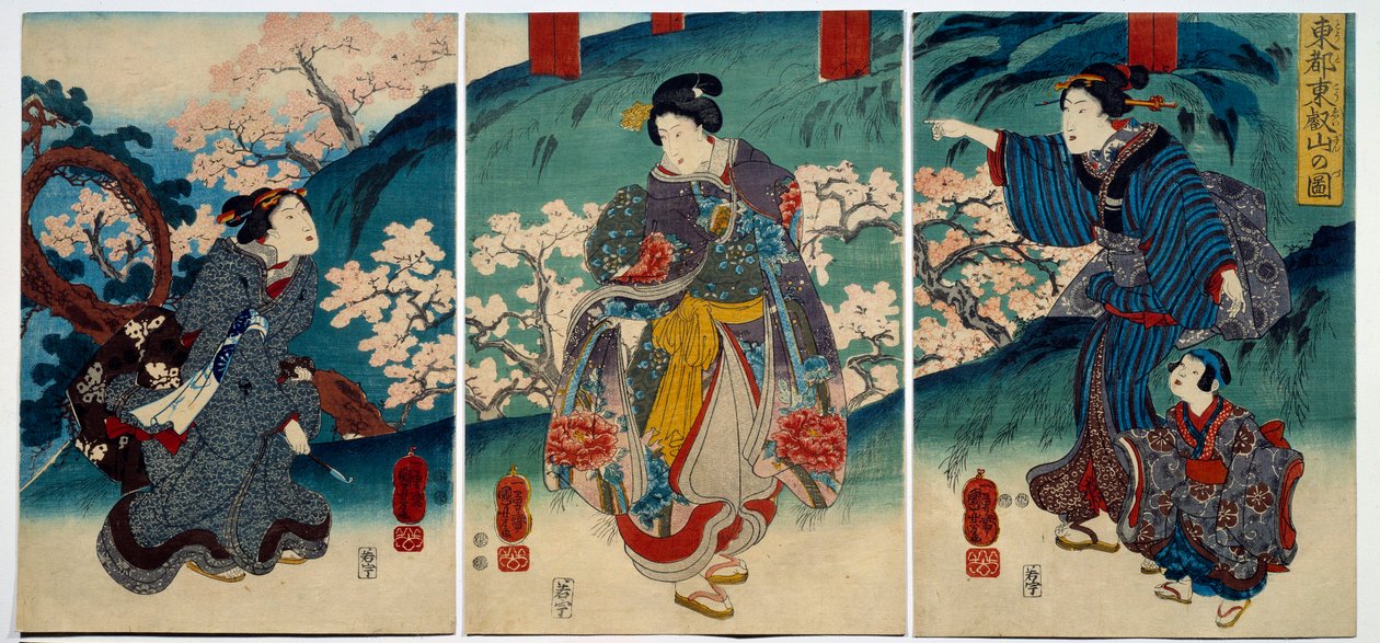 日本の美術：春の女性たち。19世紀の版画 個人蔵 作： 日本語学校