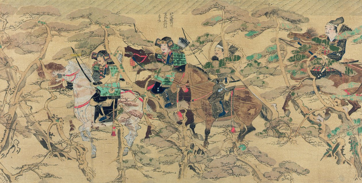 1274年の日本へのモンゴル侵攻の際の松林を乗馬する日本兵、コッカ雑誌