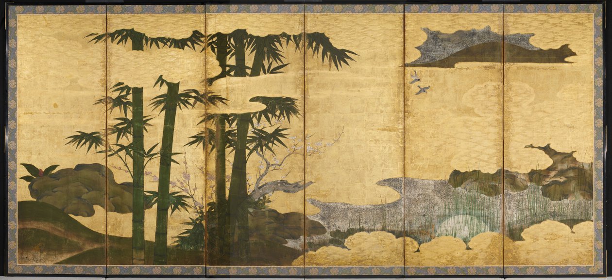 月夜の竹林 16世紀初頭 六曲一双屏風 墨・彩色・金彩・紙
紙本) 作： 日本語学校