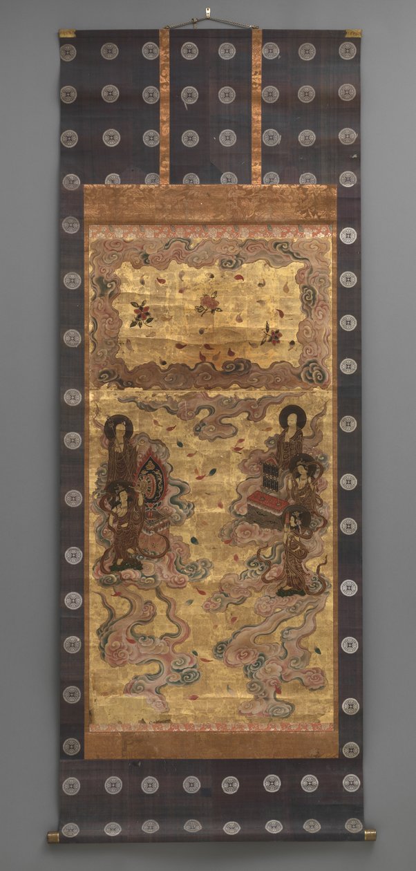 壁画です。二十五菩薩降臨図
二十五菩薩降臨図（阿弥陀三尊の従者） 18世紀
18世紀 三幅の掛軸 紙に墨、彩色、金箔、真鍮
紙に墨、色、金箔、真鍮) 作： 日本語学校