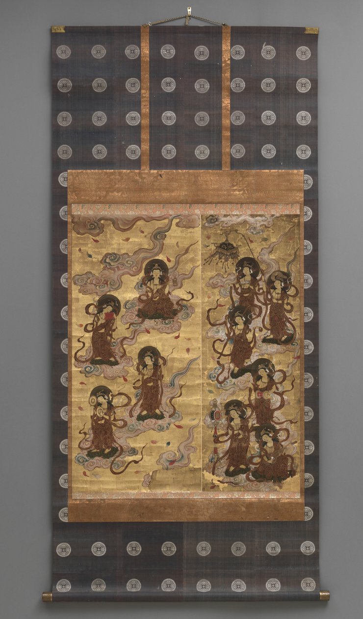 壁画です。二十五菩薩降臨図
二十五菩薩降臨図（阿弥陀三尊の従者） 18世紀
18世紀 三幅の掛軸 紙に墨、彩色、金箔、真鍮
紙に墨、色、金箔、真鍮) 作： 日本語学校