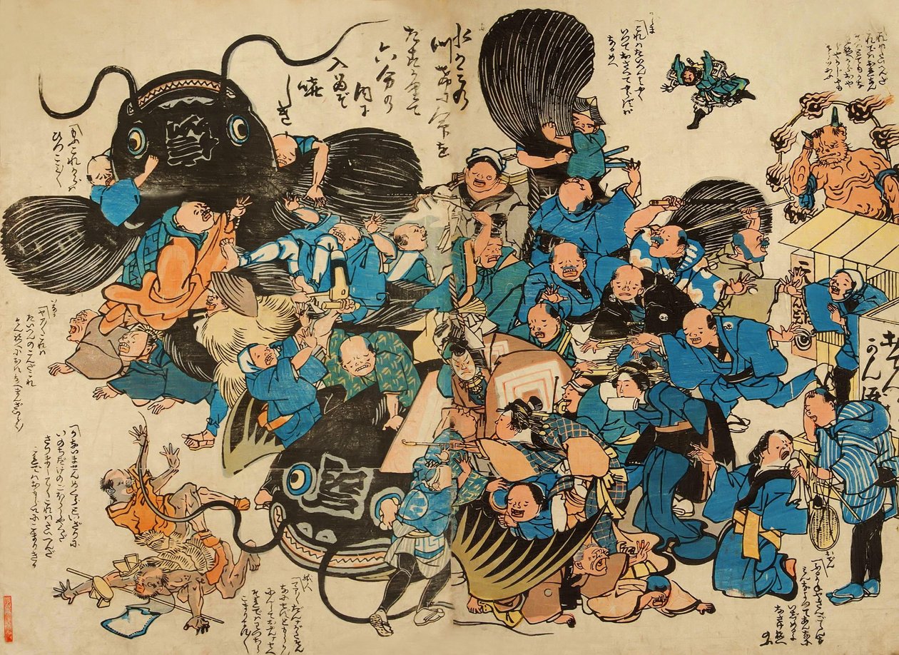 農民に襲われた生津（カラー木版） 作： 日本語学校