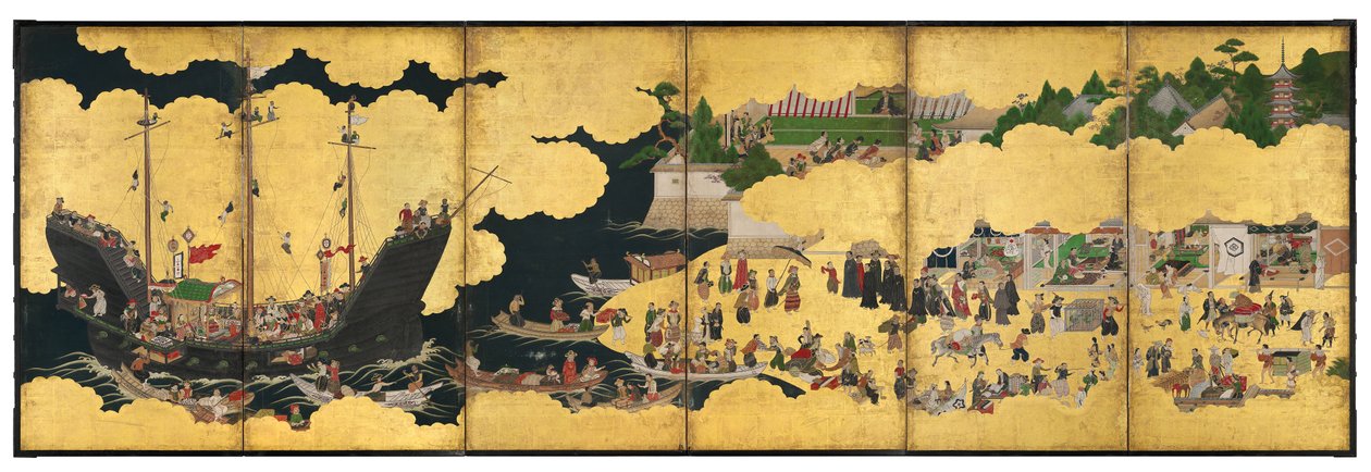 江戸時代のポルトガル貿易船の到着を描いた南蛮六つ屏風 作： 日本語学校
