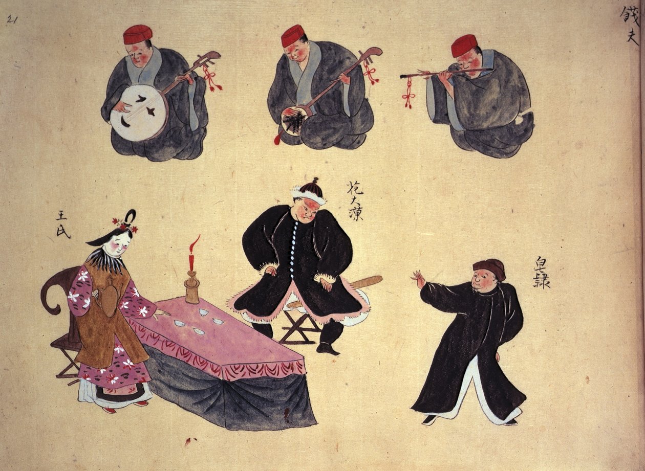 Or.961 fol.21 奏者と奏者、「琉球の音楽演奏」より x.1800-50 (ベラム) 作： 日本語学校