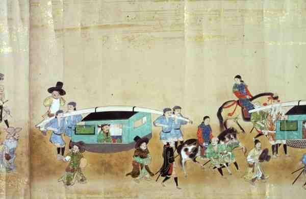 狩野益信（1625-94）によるものと思われる、徳川家綱継承時の明暦元年（1651）の第六次朝鮮通信使の一部（巻物絵 作： 日本語学校