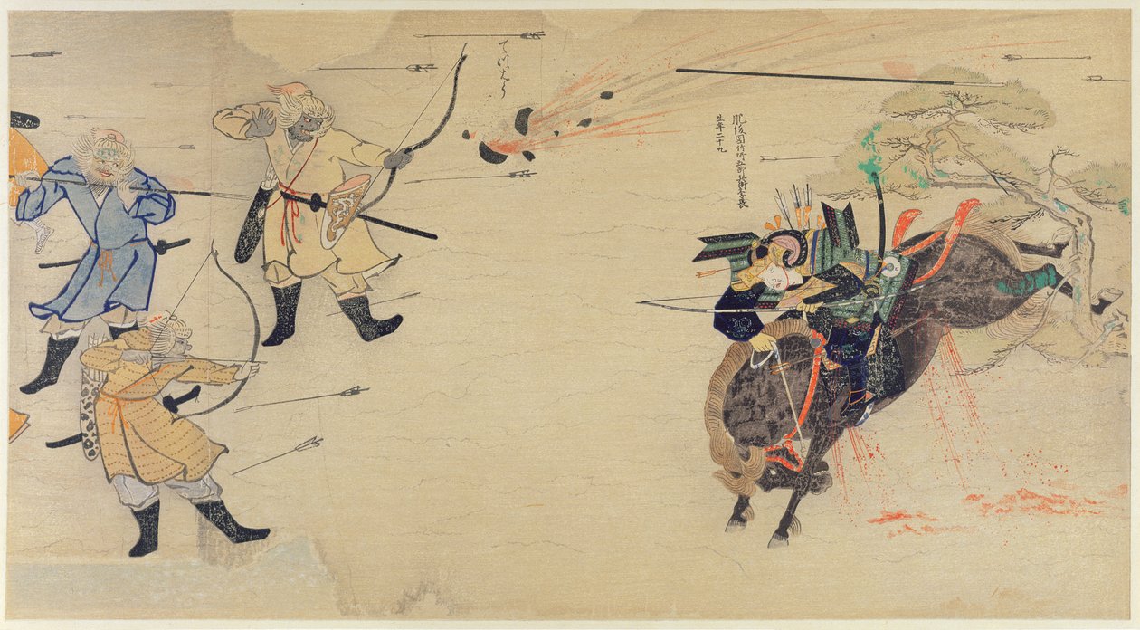 武崎武士がモンゴル人の侵入を非難し、1274年のモンゴル侵攻中に砲弾が頭上で爆発しました。 作： 日本語学校