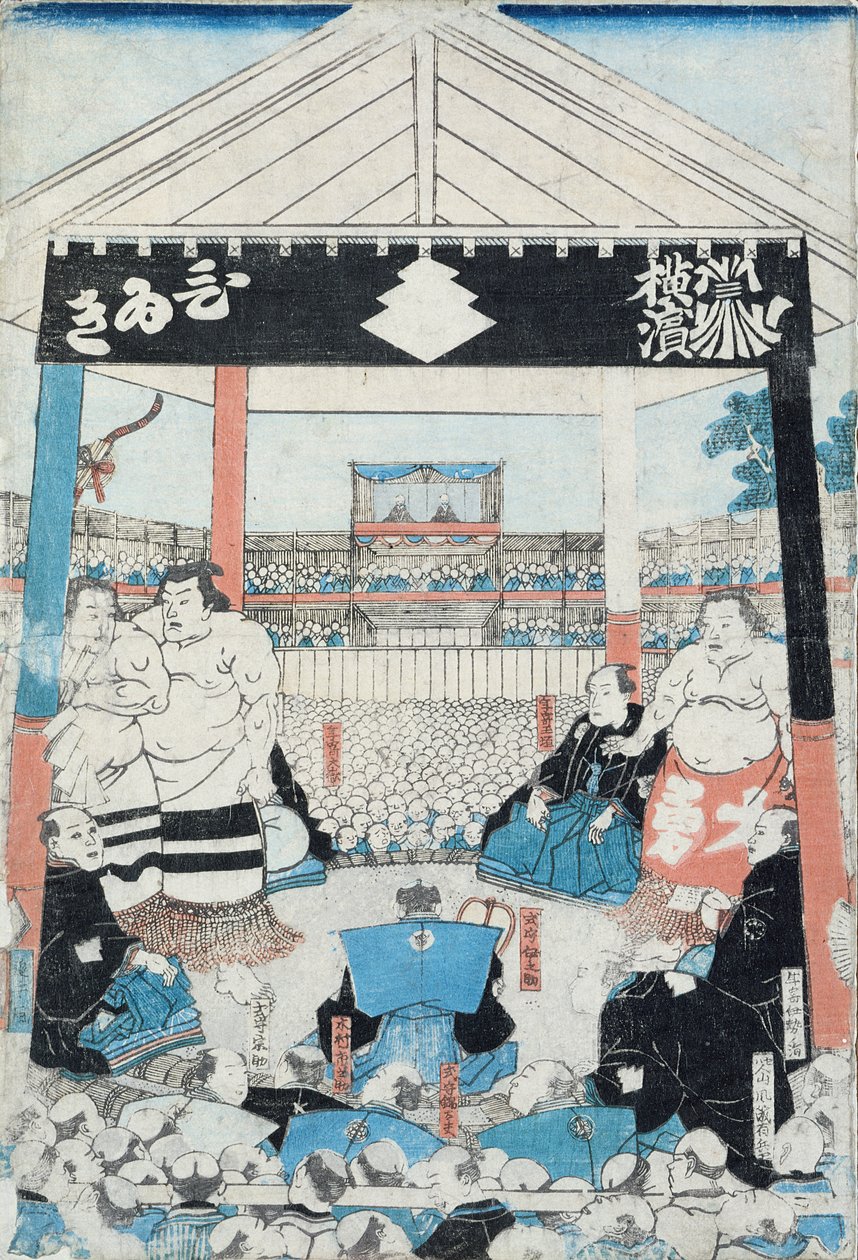 試合を始めようとしている相撲取り（木版画） 作： 日本語学校