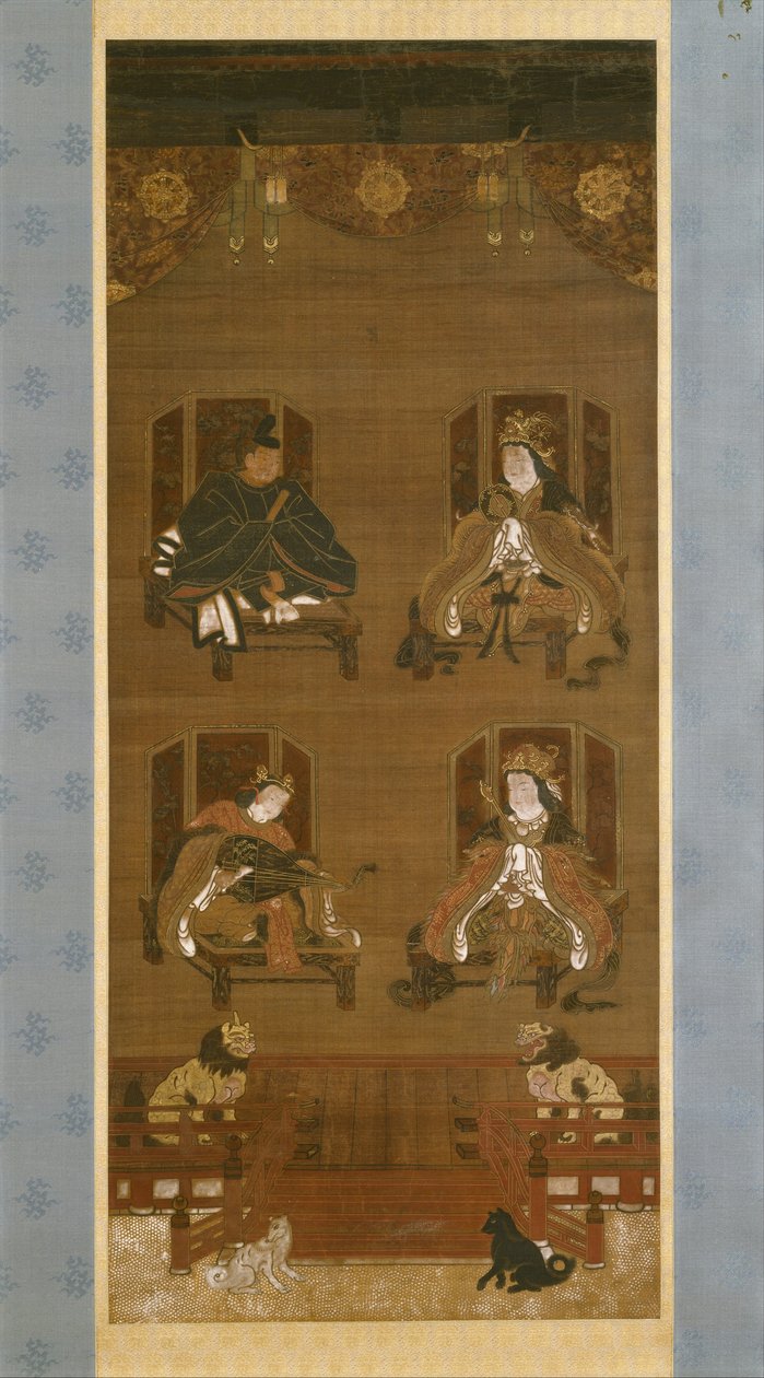 K？yasan寺院の4つの神々、14世紀後半、Nanbokuch？時代（1336年から92年）、掛け軸（絹にインク、色、金） 作： 日本語学校