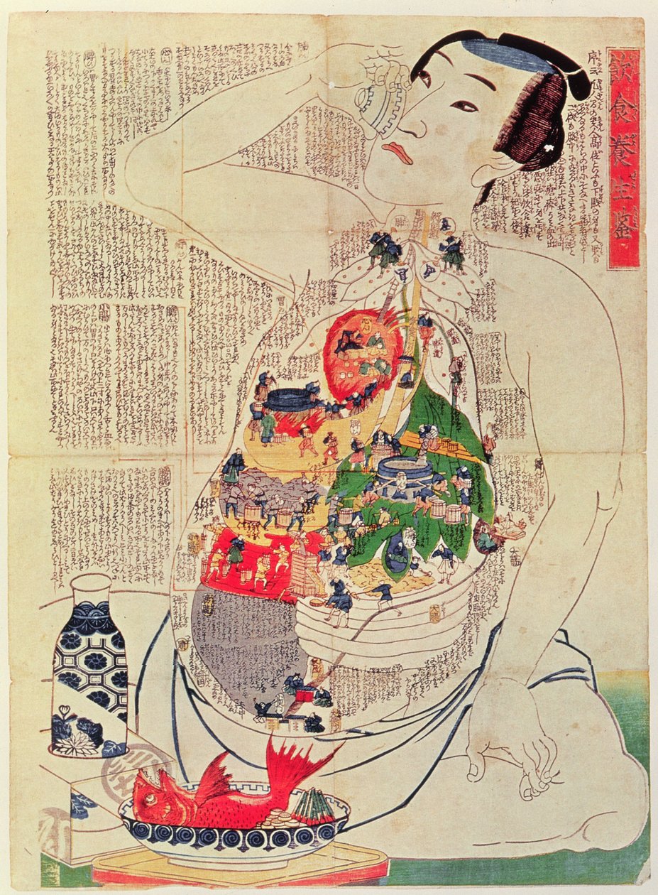 命を養うための食べ物と飲み物の鏡（木版画） 作： 日本語学校
