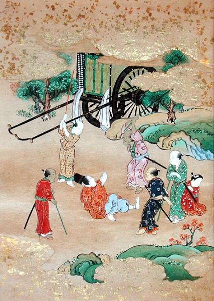 山賊に襲われる僧正岳（1126-1235）（紙に水彩） 作： 日本語学校