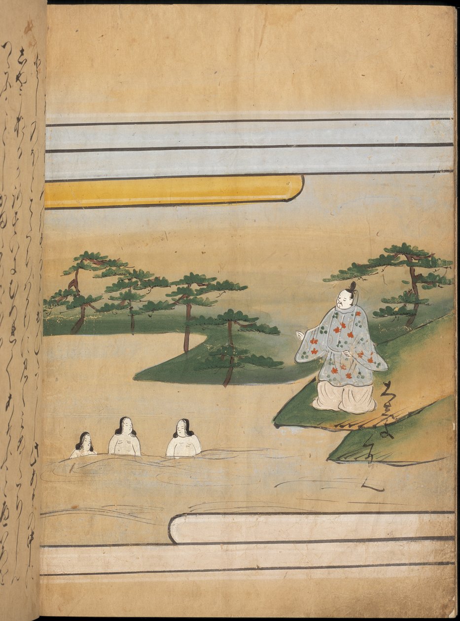 水の中にいる三人の女性、「大震館」の挿絵（紙に墨・彩色） 作： 日本語学校