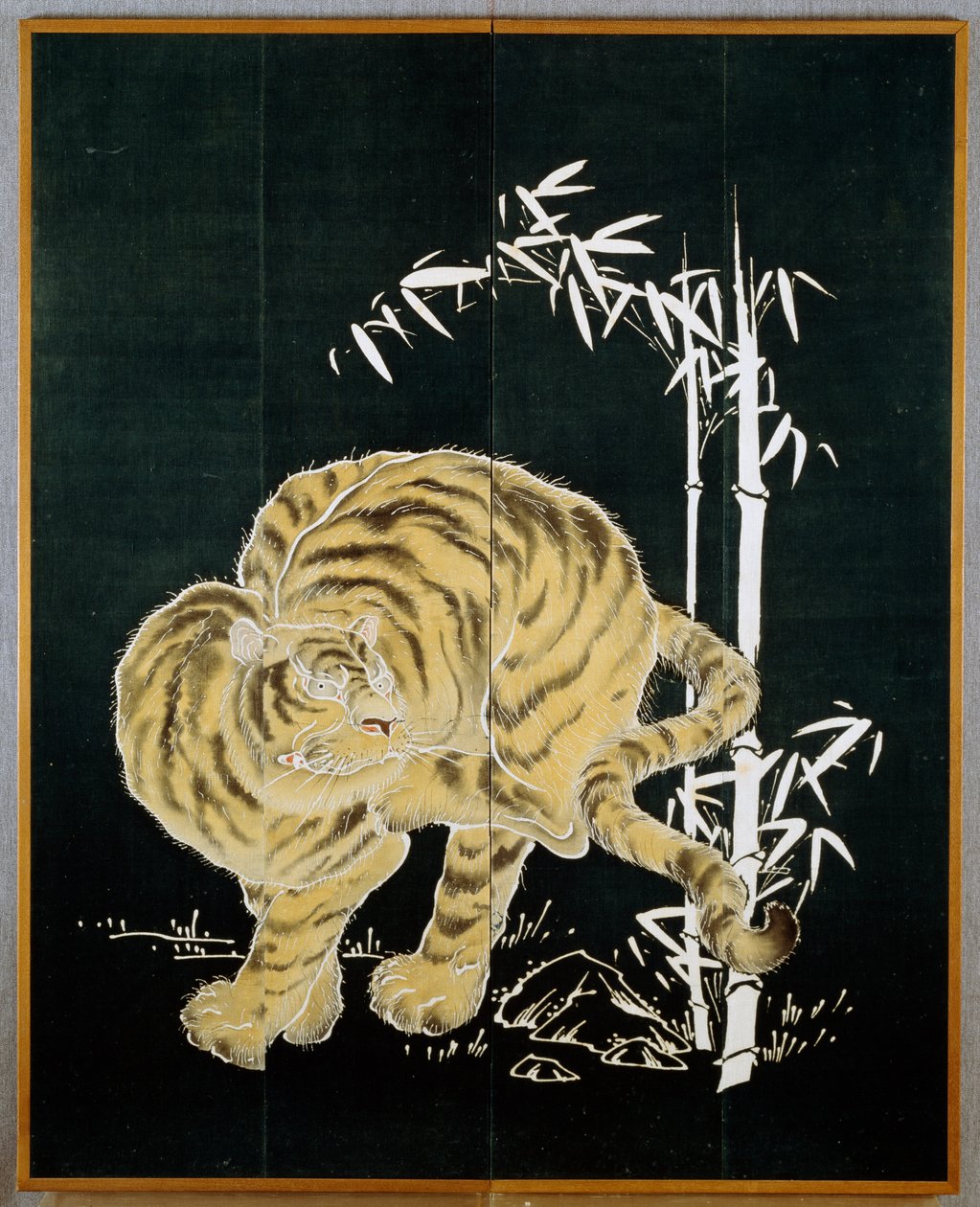 屏風虎竹図屏風 米澱粉藍絵具浸染 日本文明 明治大正期 作： 日本語学校