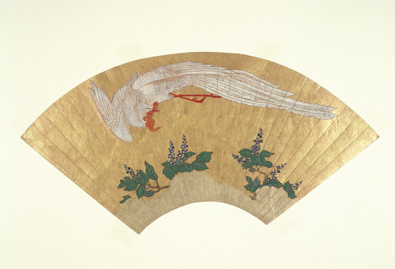マウントされていないファン：雪に覆われた竹への鳥の潜水、1700〜60年頃（紙に金とトイレ） 作： 日本語学校