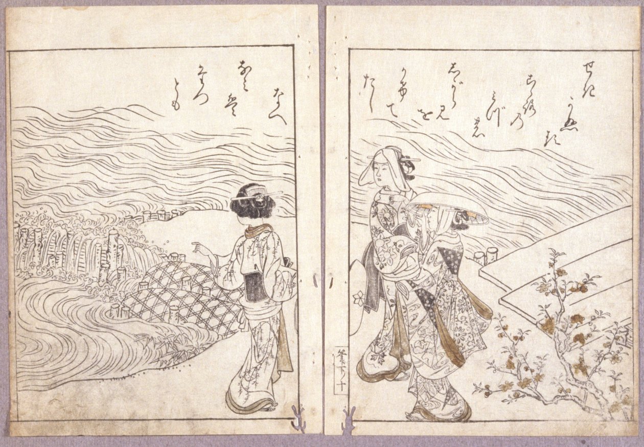 無題（吾妻源氏参詣衆の放生会、仏像拝見）（色木版画） 作： 日本語学校