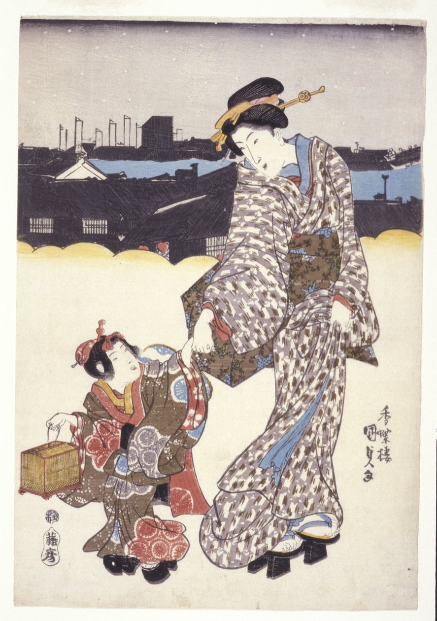 無題 (女と子供) (カラー木版画) 作： 日本語学校