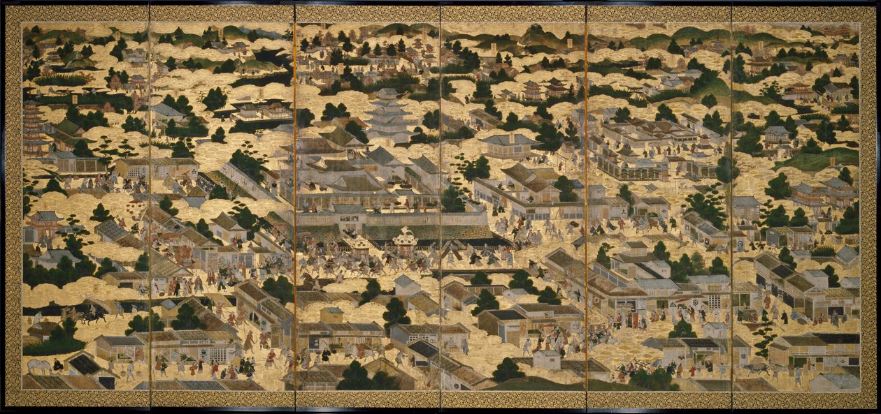 洛中洛外図》 1616-24年頃 紙本墨画・彩色・金箔 作： 日本語学校