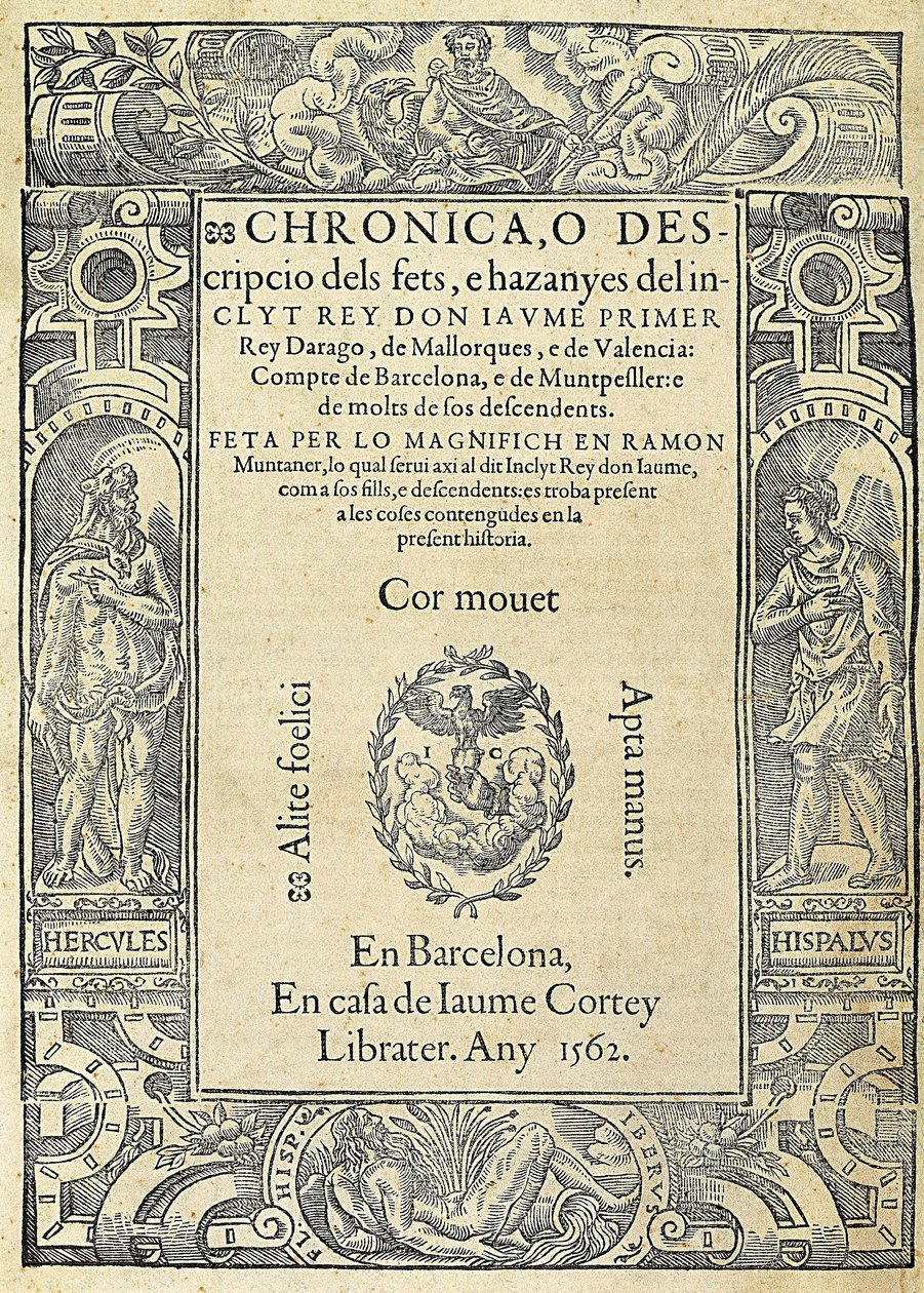 ラモン・ムンタナー (1265-1336)、カタロニアの軍人、コラムニスト。 本 Chronica, o descripcio dels fets, e hazanyes del inclit rey Don Jaume Primer の表紙、印刷業者 Jaume Cortey の家でバルセロナで作成された版。 彫刻、スペイン、バルセロナ、U 作： ジェームズ・コルテイ