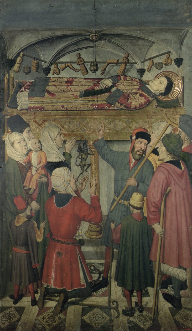 サラゴサの聖ヴィンセントの祭壇画からのサラゴサの聖ヴィンセントの墓 (d.304) の下にある取り憑かれた男の悪魔祓い 作： ジャウメ・ユゲ
