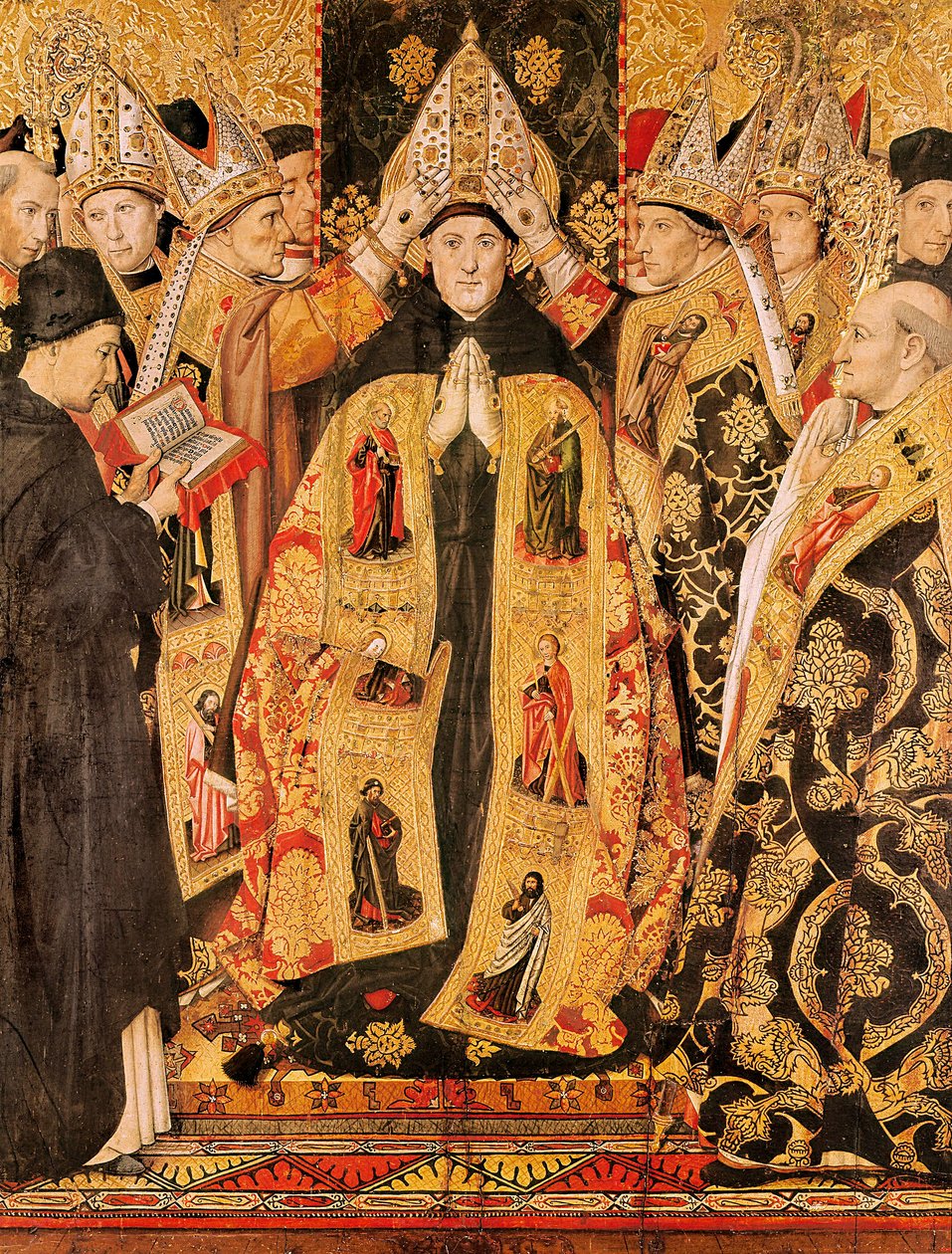 ""ヒッポの聖アウグスティヌスの奉献 "" 聖アウグスティヌスの祭壇画。ジャウメ・ユゲ（1415-1492）による木版デトレム。1466-1475.バルセロナの聖アウグスティヌス教会より。 作： ジャウメ・ユゲ