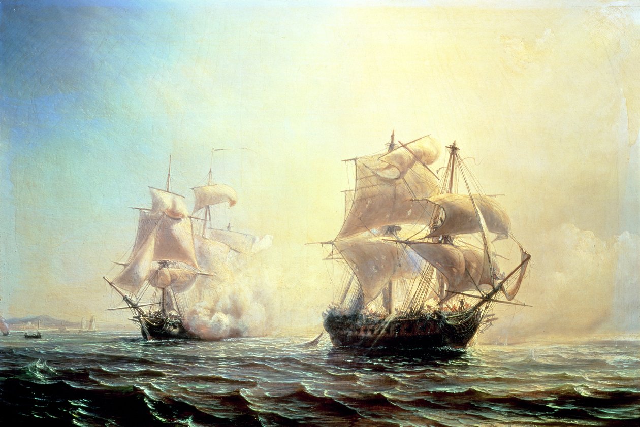1793年のニューヨーク港でのフリゲート艦「L&39;Embuscade」と「ボストン」の戦闘 作： ジャン・アントワーヌ・テオドール・グディン
