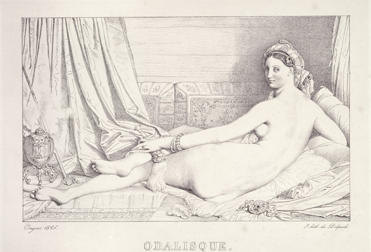 L&39;Odalisque Couchee、1825（紙にリソとカーボンインク） 作： ジャン・オーギュスト・ドミニク・アングル