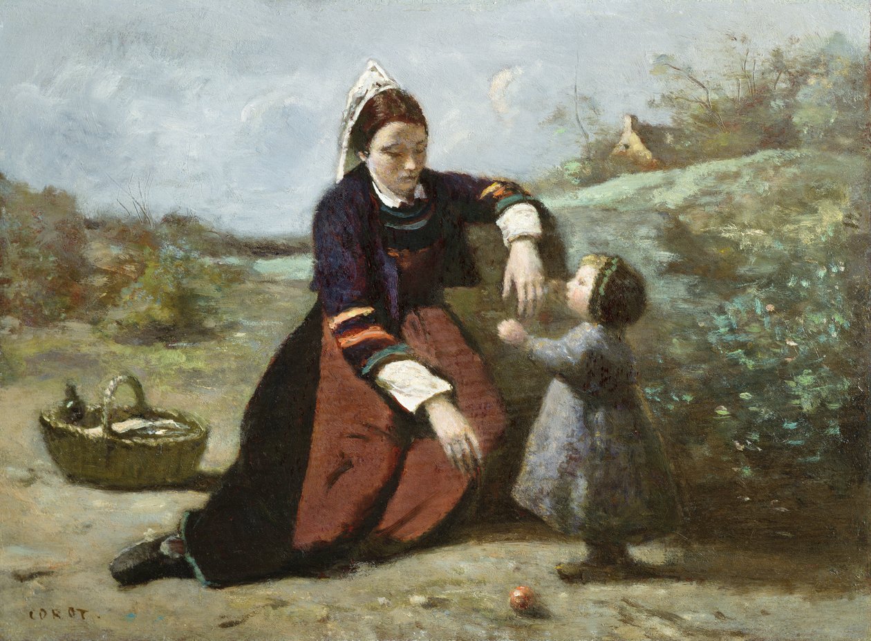 ブルトンの女性と彼女の小さな女の子、1855-65 作： ジャン・バプティスト・カミーユ・コロー