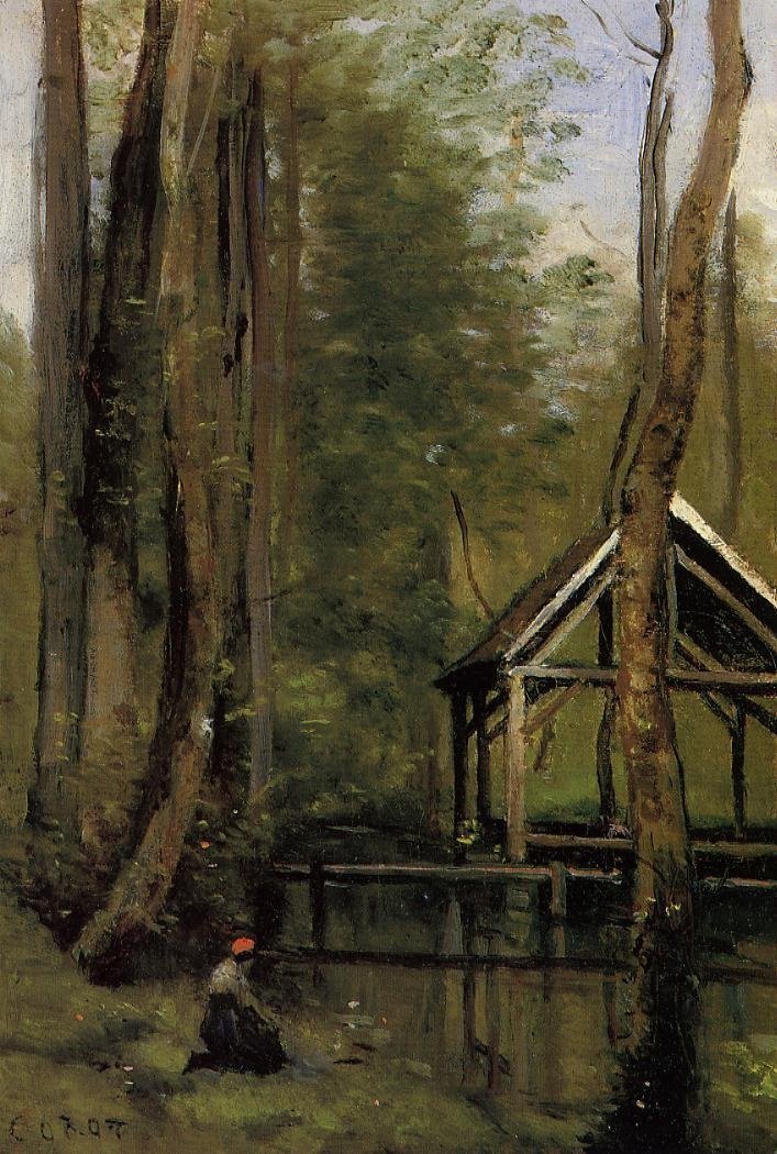 Gournay en Bray近くのMathoisの釣り小屋 作： ジャン・バプティスト・カミーユ・コロー