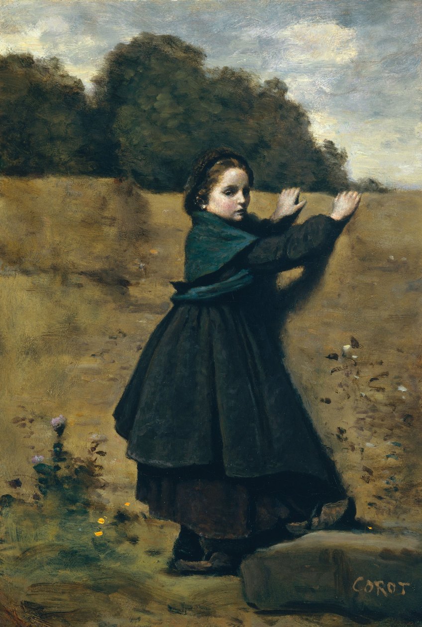 好奇心旺盛な少女、1860〜64年（段ボールに油を塗り、木に寝かせた） 作： ジャン・バプティスト・カミーユ・コロー
