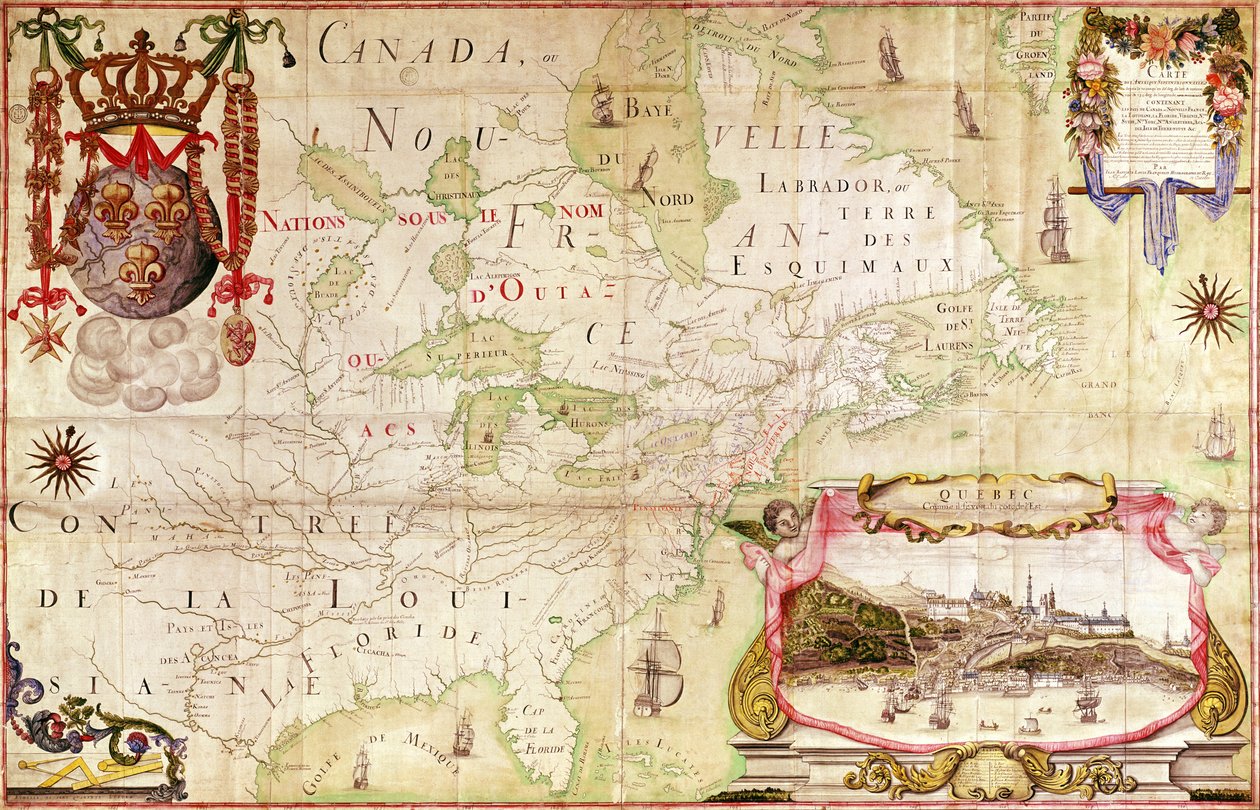 「北米の地図」からのカナダの地図（色付き彫刻） 作： ジャン・バプティスト・ルイ・フランケリン