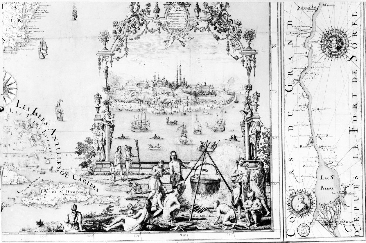 ケベック州のビュー、1699年にソレルからセントローレンス川を描いた地図のカルトゥーシュ 作： ジャン・バプティスト・ルイ・フランケリン