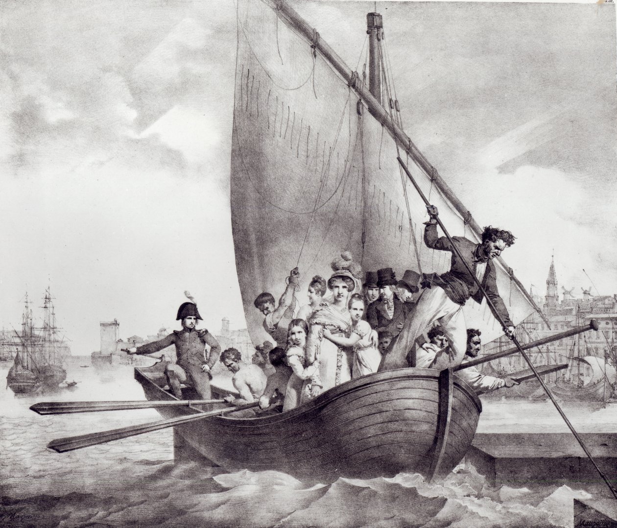 1793年6月17日、コルシカ島から逃亡したとき、トゥーロン（フランス）に到着したボナパルト一家。チャールズモット（1785-1836）の彫刻 作： ジャン・バプティスト・モーザイッセ