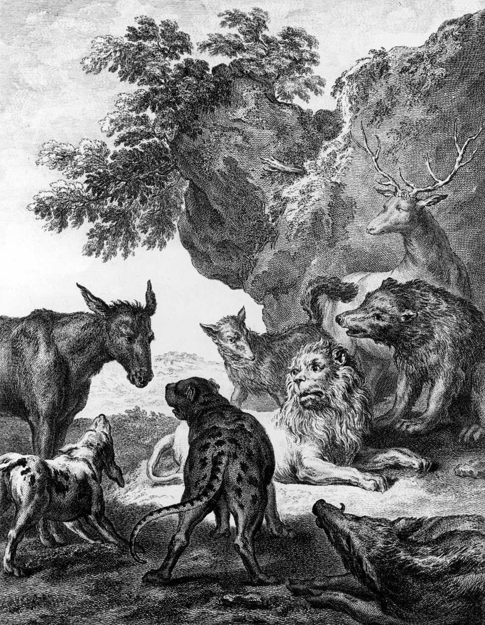 動物はペストで病気になった、ラフォンテーヌ寓話のイラスト、1755 作： ジャン・バプティスト・オードリー