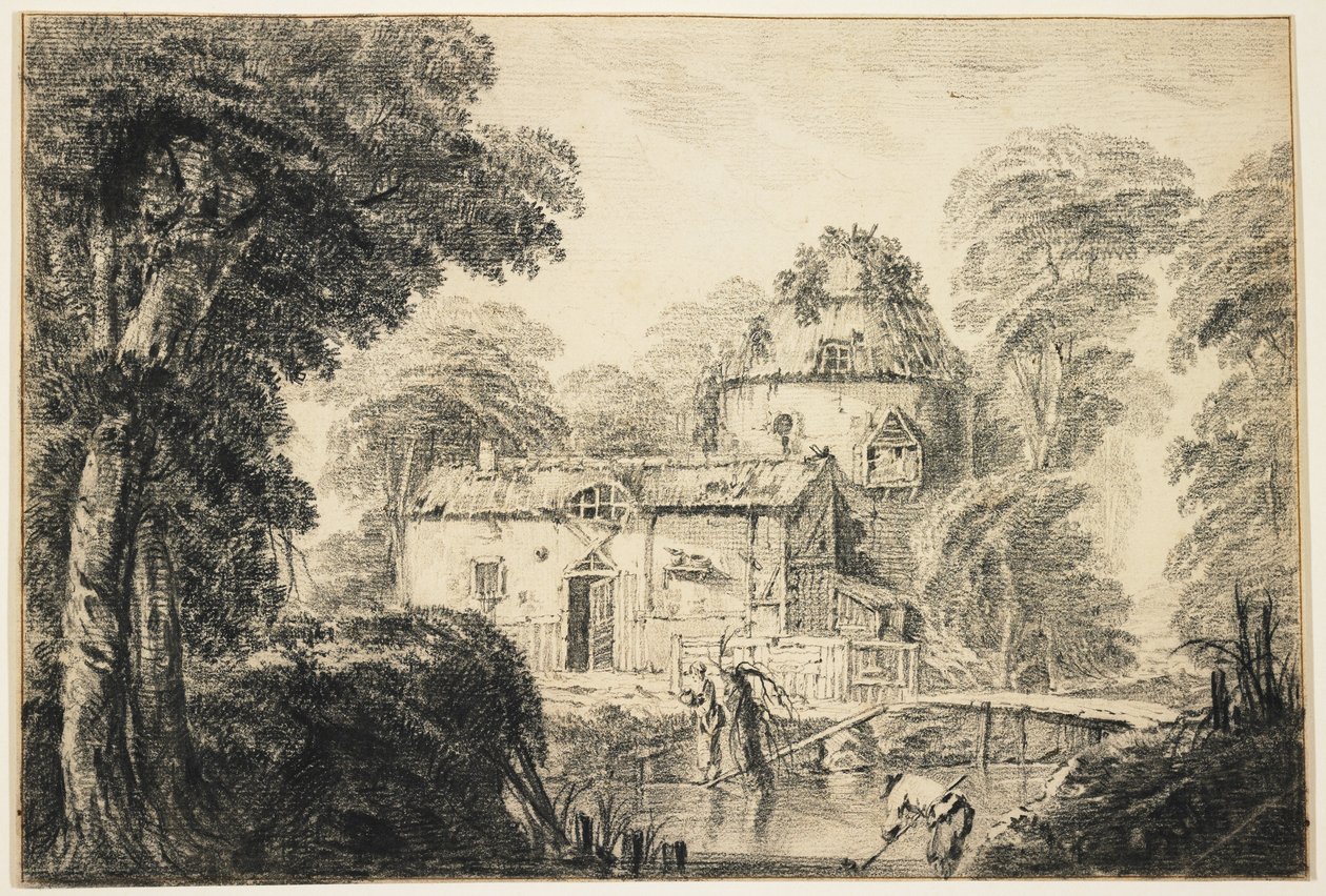 コテージと農民のいる風景、c.1770（クリームを敷いた紙に黒いチョーク） 作： ジャン・バプティスト・ピレメント