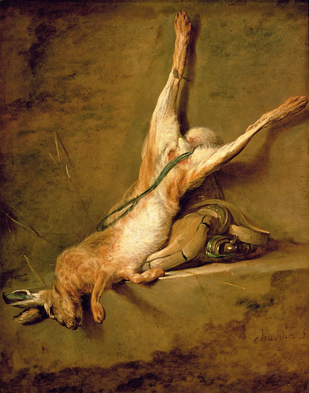 パウダーホーンとゲームバッグが付いた死んだノウサギ、c.1726-30 作： ジャン・バプティスト・シメオン・シャルダン