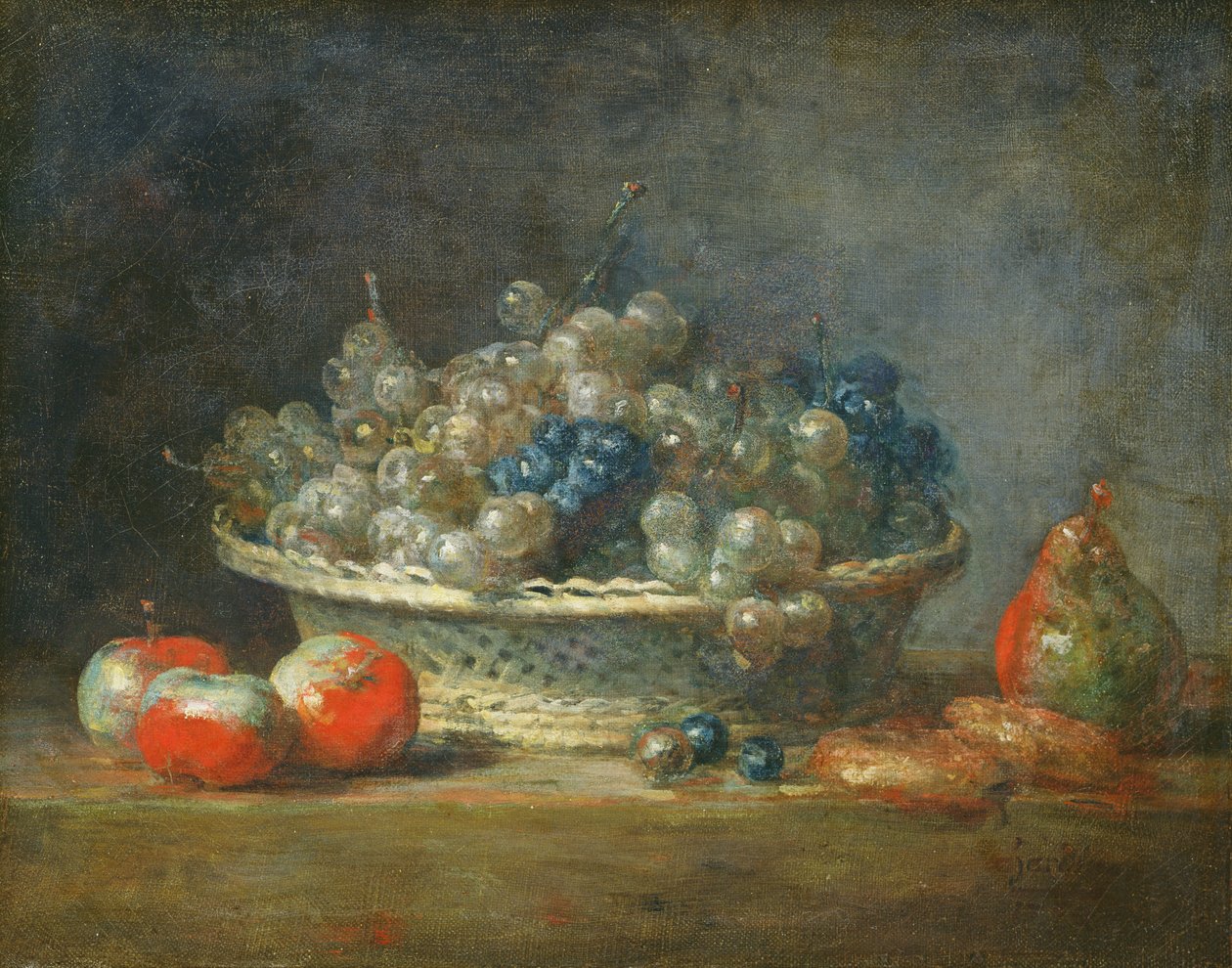 静物：3つのリンゴ、梨と2つのマジパンが入ったブドウのバスケット、1764年 作： ジャン・バプティスト・シメオン・シャルダン