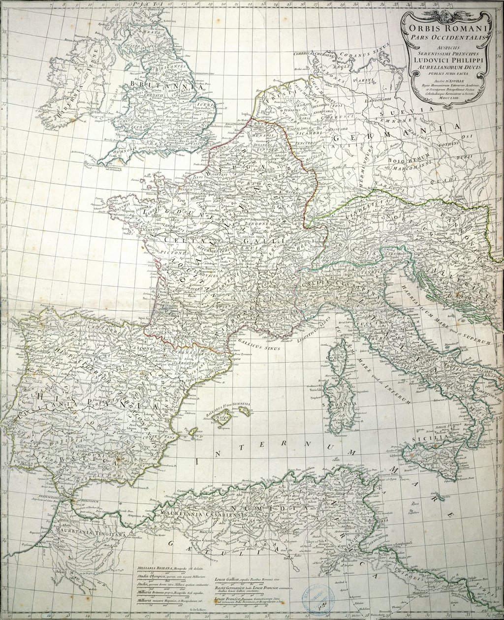 ローマ帝国の西部の地図、1763年 作： ジャン・バプティスト・ダンヴィル