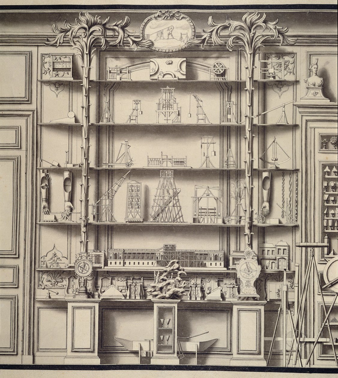 Les Forces Movvantesのモデル、Bonnier de la Mossons Cabinet de Physique（ペンとインク、紙の上で洗う） 作： ジャン・バプティスト、若いコートヌ