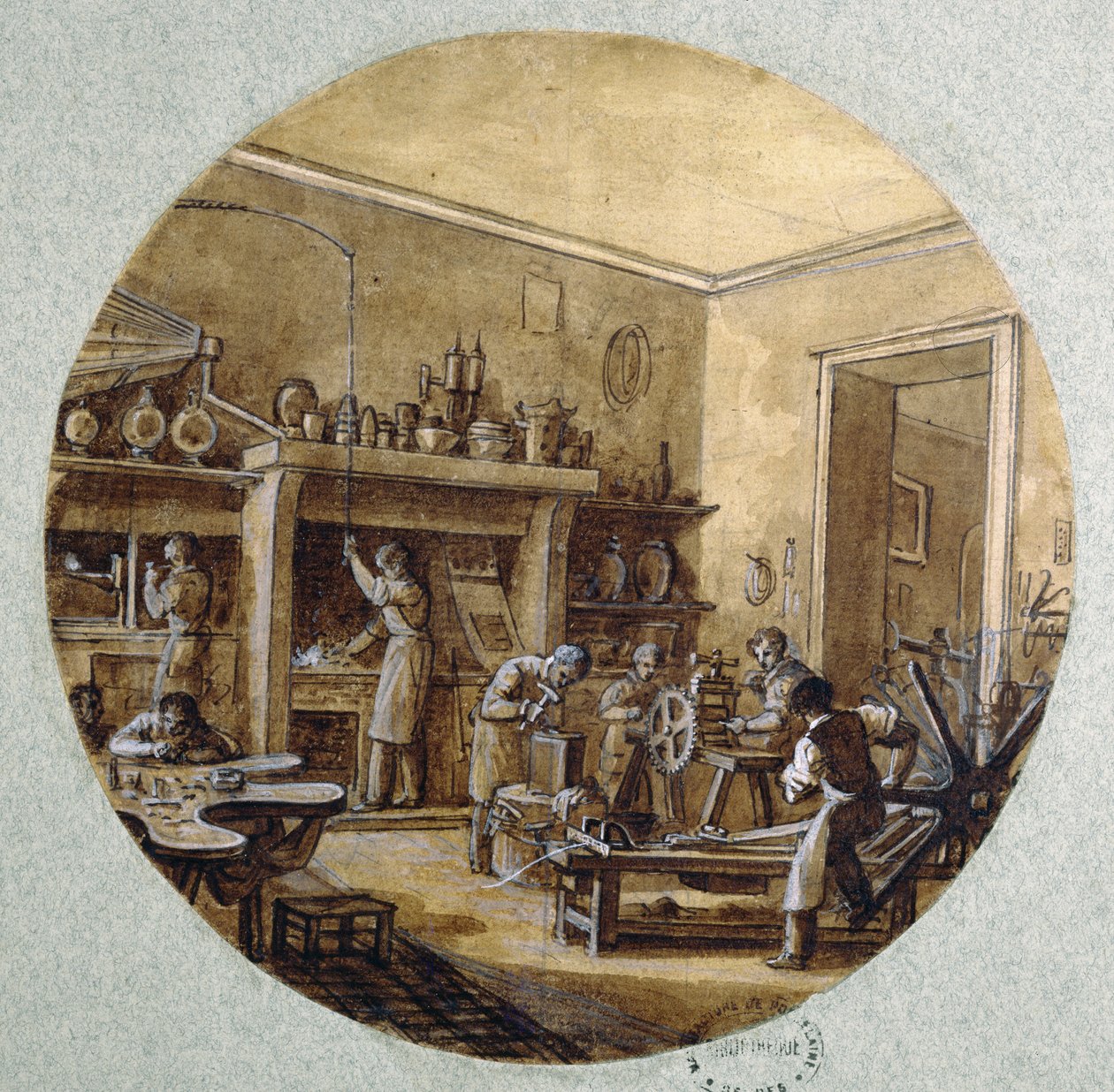 Jeweller&39;s Workshop、さまざまな取引を描いたサービスのプレートデザイン、c.1820-35（紙にペンとインク、ウォッシュとガッシュ） 作： ジャン・チャールズ・デベリー