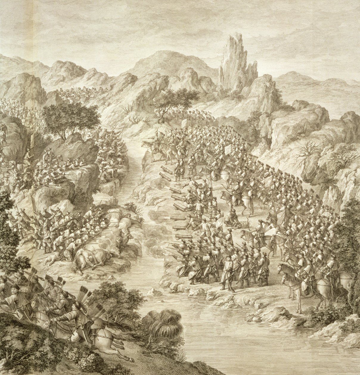 1759年の中国陸軍とエレウスの最初の戦い、川を渡る戦いの詳細、乾隆帝の征服を表す一連の版画のプレート10 作： ジャン・ダマシーン