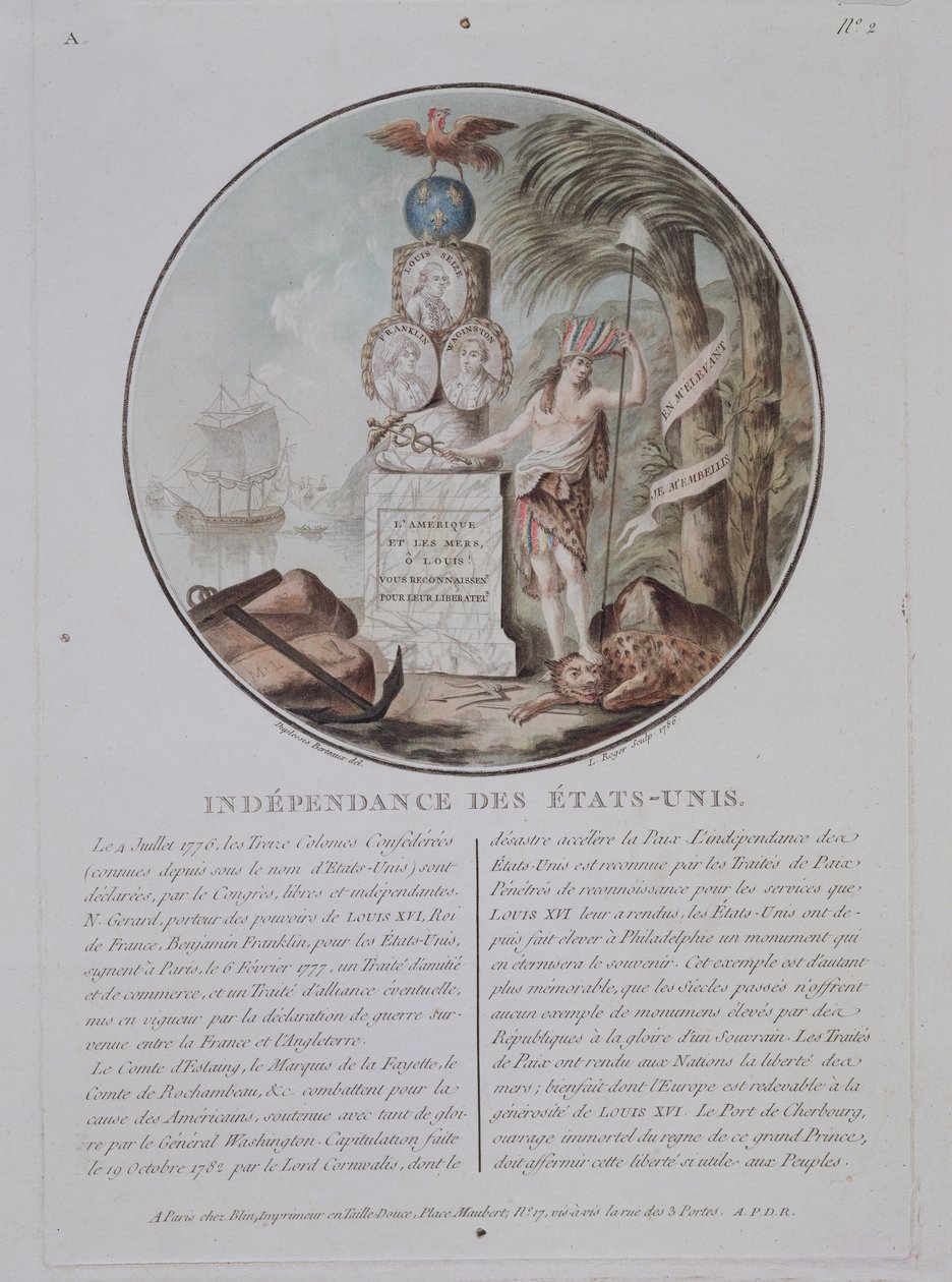 L.ロジャーによって刻まれたアメリカ合衆国の独立、1786年（カラーリソ） 作： ジャン・デュプレシス・ベルトー