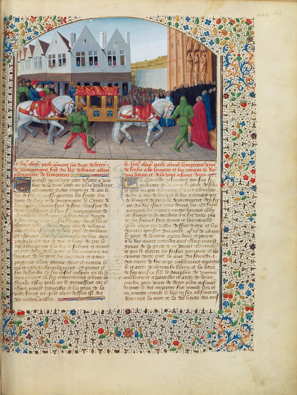Ms Fr 6465 fol.442シャルル4世皇帝（1316-78年）、サンドニ大聖堂に到着、グランクロニクドフランス、1460年（192993も参照） 作： ジャン・フーケ
