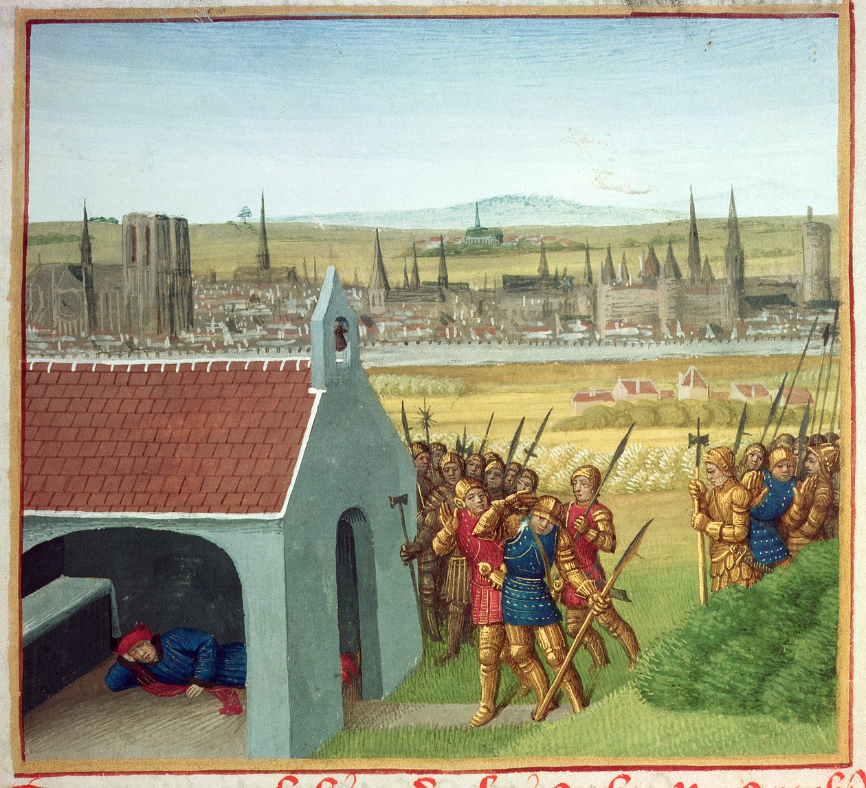 Ms Fr 6465 fol。57 King Clothar II（584-629）は息子のDagobert I（605-39）を &39;Les Grandes Chroniques de France&39;からパリに連れ戻すことはできません、1460年頃 作： ジャン・フーケ
