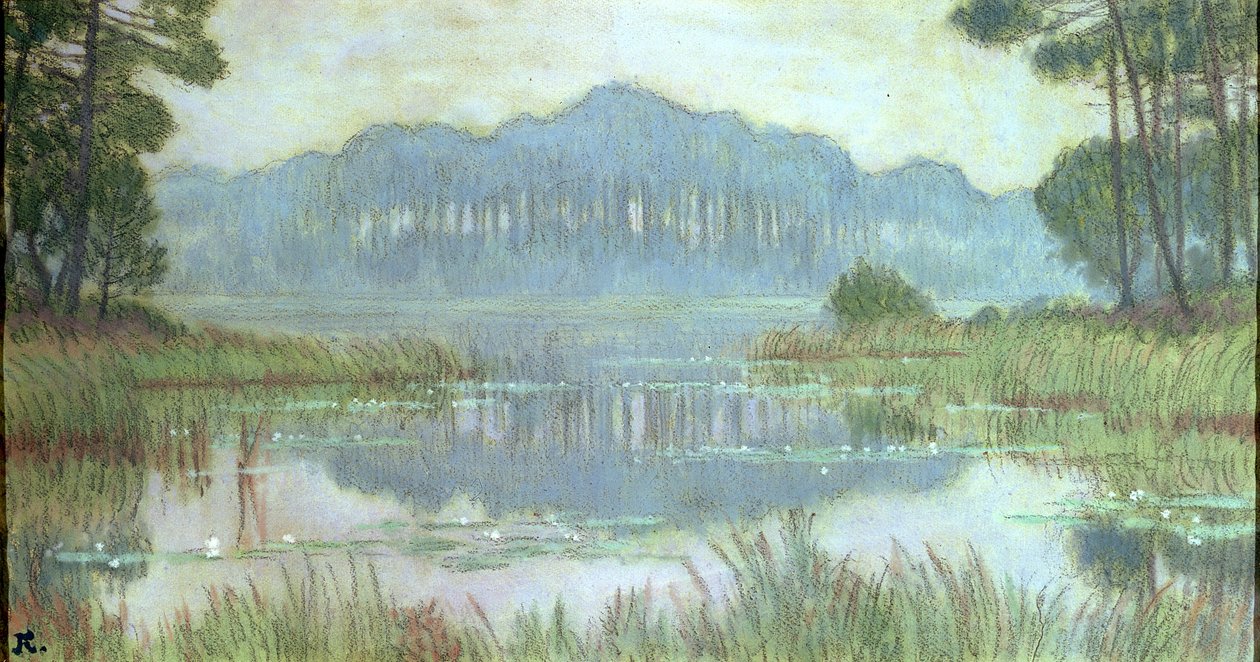 生い茂った池のある風景、1900年頃（紙に鉛筆とトイレ） 作： ジャン・フランシス・オーブルタン