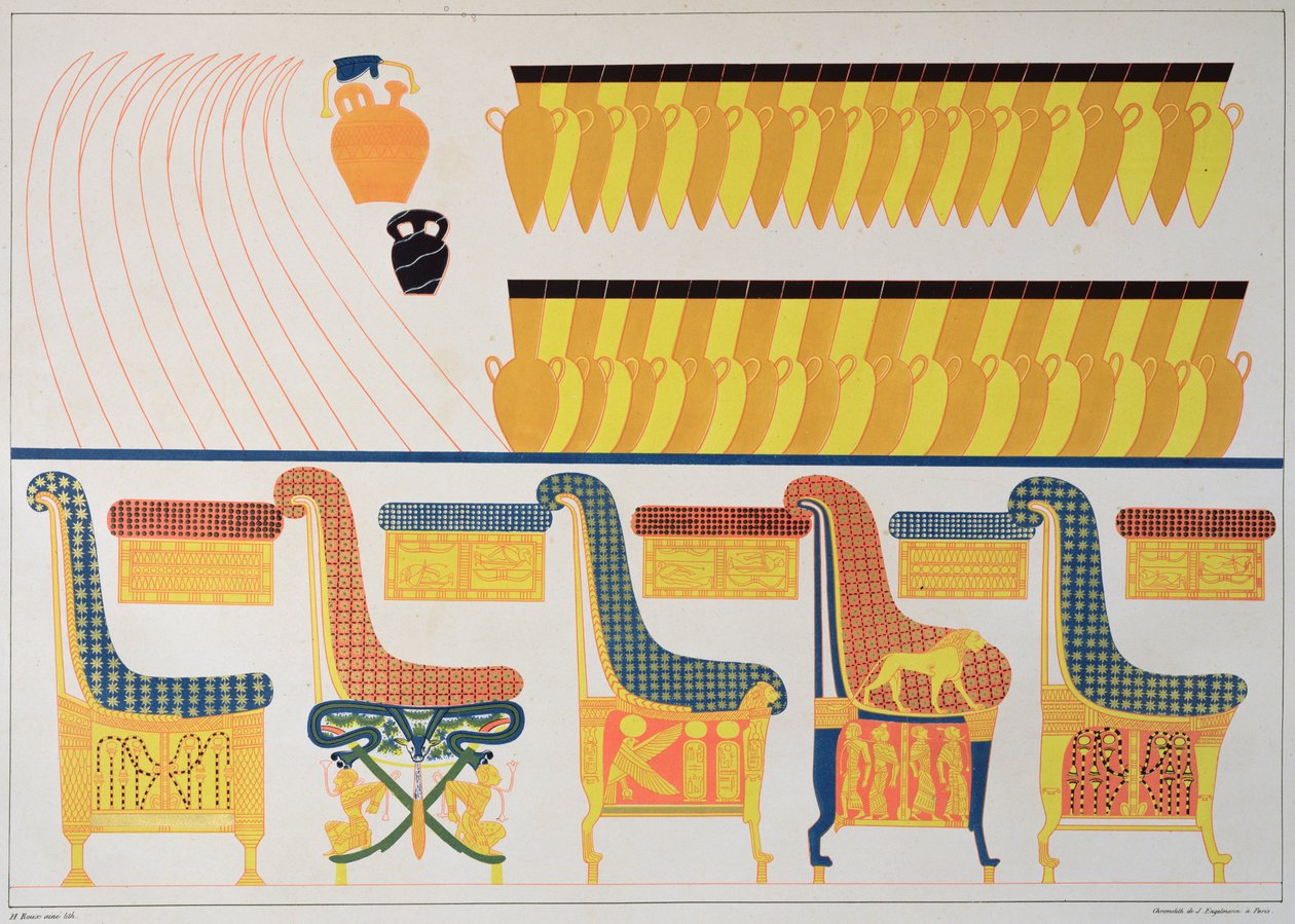 ラムセス4世の墓からの家具のフレスコ画、1835年〜45年 作： ジャン・フランソワ・シャンポリオン