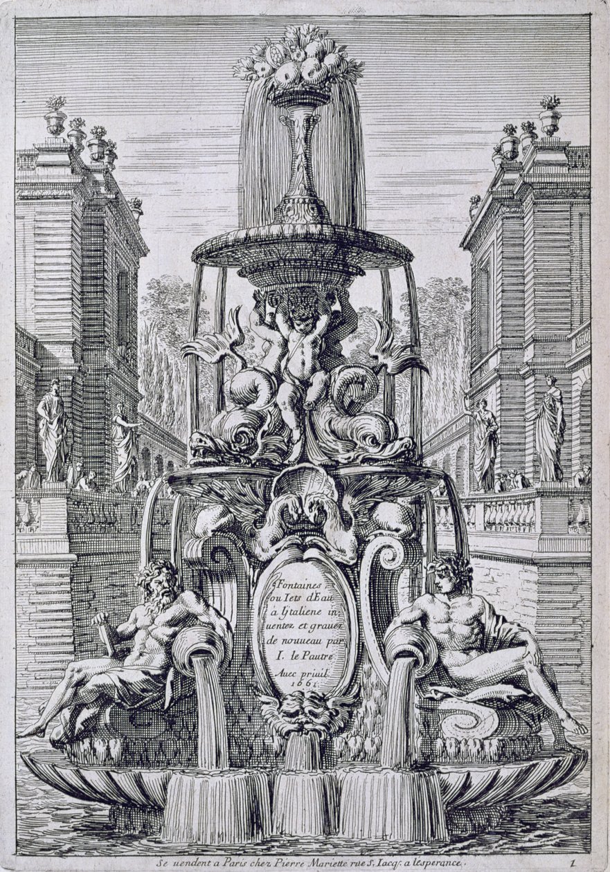 「イタリアンスタイルの噴水とウォータージェット」のタイトルページ、1661年発行 作： ジャン・ルポートル