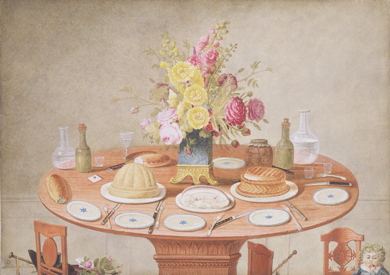 PD.869-1973食事用のテーブルセットに花瓶のある静物、c.1810（トイレとガッシュ） 作： ジャン・ルイ・プレボスト